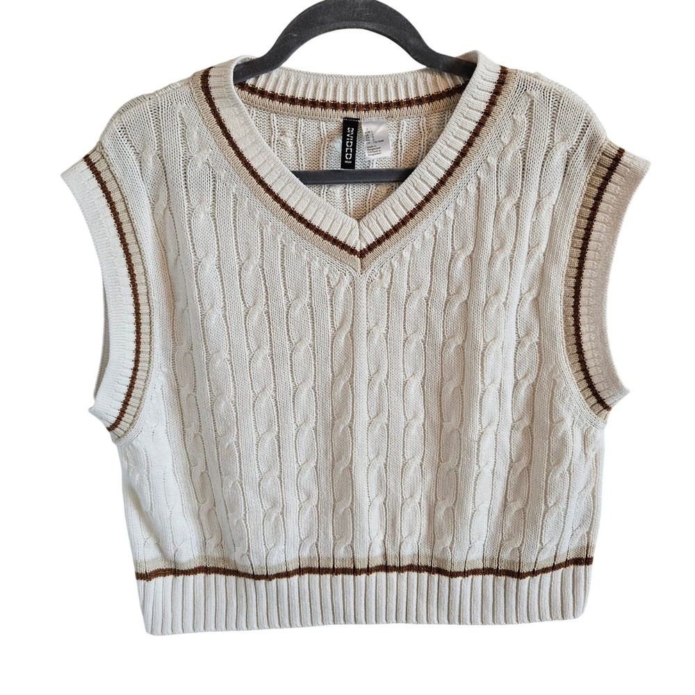 H&M Divided Cable Knit Sweater Vest Cream Brown Varsity Stripe V-Neck Large